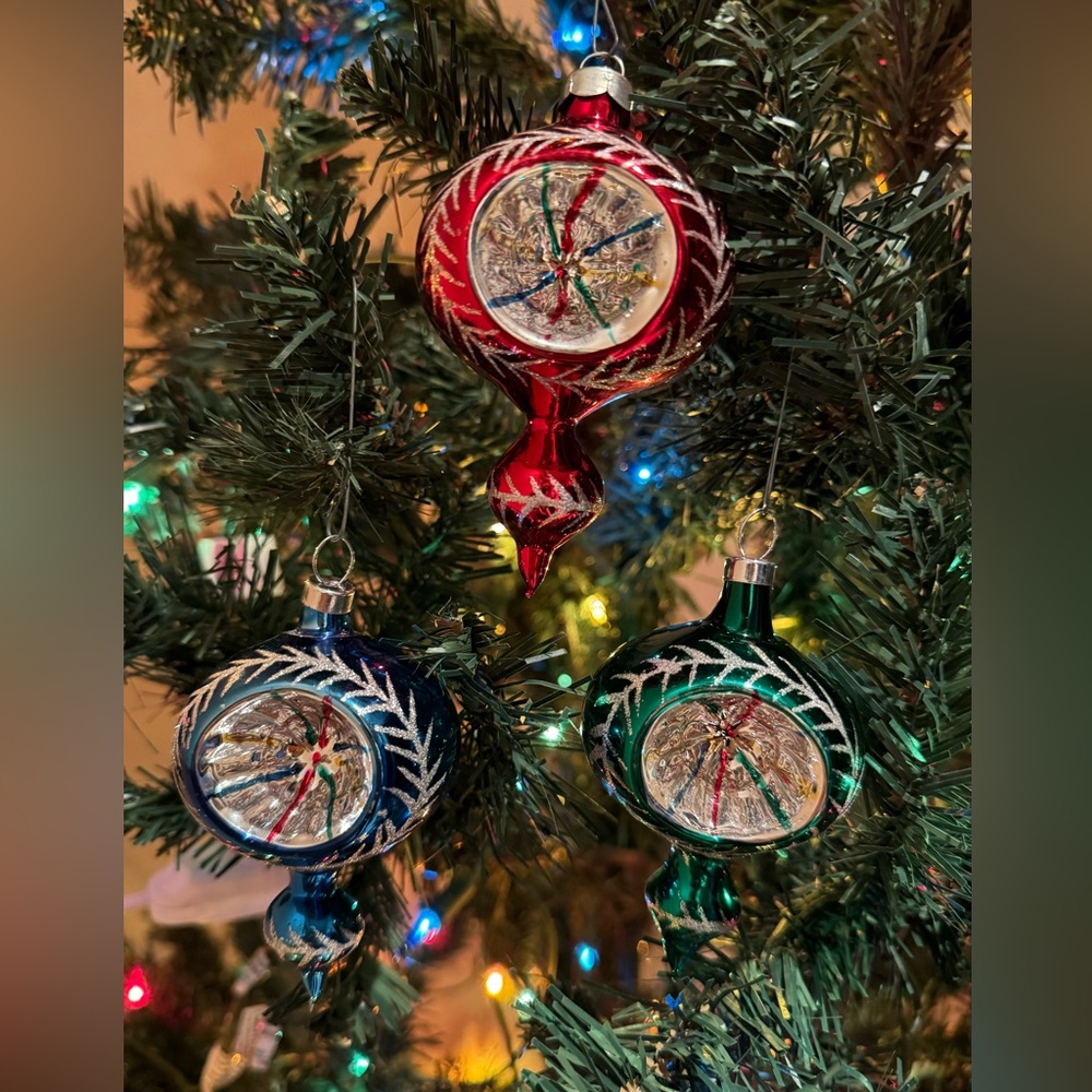 Vintage 1960’s Set Of 3 Mercury Glass Indent Ornaments Hand painted